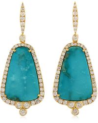 Artisan 18k Yellow Gold Natural Diamond Turquoise Dangle Earrings Jewellery - Blue