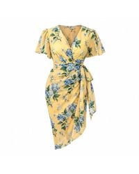 Girl In Mind - Drew Puff Sleeve Wrap Front Midi Dress Floral Print - Lyst