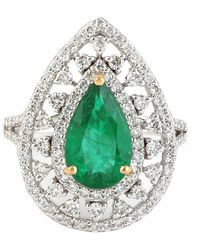 Artisan - 18k Solid White Gold Pear Cut Emerald Gemstone Natural White Diamond Cocktail Ring Handmade - Lyst