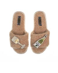 Laines London - Neutrals Teddy Toweling Slipper Sliders With Vino Darling Brooches - Lyst