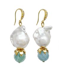 Farra - Baroque Pearl With Aquamarine Dangle Earrings - Lyst