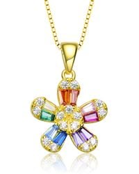 Genevive Jewelry - Sterling Silver With Plated Multi Color Baguette Cubic Zirconia Flower Style Pendant Necklace - Lyst