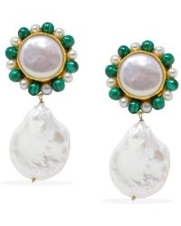 Vintouch Italy - Lotus Gold-plated Pearl And Malachite Earrings - Lyst