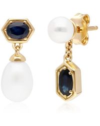 Gemondo - Modern Pearl & Sapphire Mismatched Drop Earrings In Yellow Gold Plated Sterling Silver - Lyst