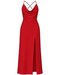 Nomi Fame - Aphrodite Draped Cowl Neck Evening Gown With Slit And Crossed Straps - Lyst