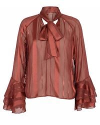 Modenaire - Sheer Blouse With Tie Neck Detail And Tiered Bell Sleeves - Lyst