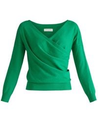 Paisie - Knitted Wrap Top With Long Sleeves In Emerald - Lyst