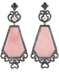 Artisan - 18k Gold & Silver In Rhombus Carved Pink Opal With Blue Sapphire And Pave Diamond Dangle Earrings - Lyst