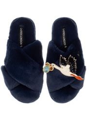 Laines London - Classic Laines Slippers With Baby Boy Stork Brooch - Lyst