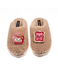 Laines London - Neutrals Teddy Closed Toe Slippers With Laines Lovables Jam & Toast Brooches - Lyst