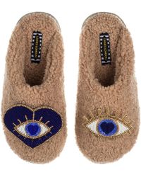 Laines London Teddy Towelling Closed Toe Slippers With Double Blue Eye Brooches