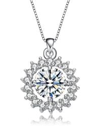 Genevive Jewelry - Sterling Silver With Rhodium Plated Round Cubic Zirconia Flower Style Pendant Necklace - Lyst