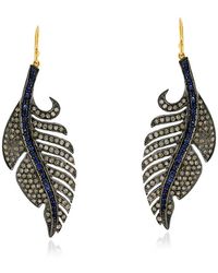 Artisan - Carved Feather Pave Diamond & Blue Sapphire In 18k Gold With Silver Dangle Earrings - Lyst