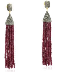 Artisan Pave Diamond Gold Ruby Tassel Earrings 925 Sterling Silver Handmade Jewellery - Metallic