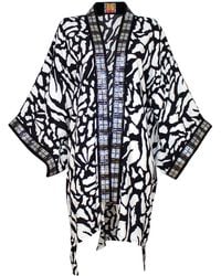Lalipop Design - Black & White Print Midi Kimono With Embroidery Borders - Lyst
