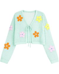 Yumi' - Mint Tie Front Cardigan With Flower Design - Lyst
