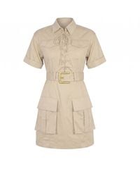 Modenaire - Neutrals Utility Mini Dress With Lace Up Front And Belted Waist Detail - Lyst