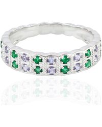 Artisan - Solid 18k White Gold In Prong Emerald & Tanzanite Gemstone Beautiful Band Ring - Lyst