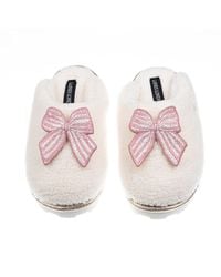 Laines London - Neutrals Teddy Closed Toe Slippers With Stripe Bow Brooches - Lyst