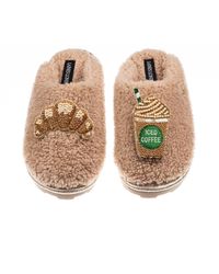 Laines London - Neutrals Teddy Closed Toe Slippers With Iced Coffee & Croissant Brooches - Lyst