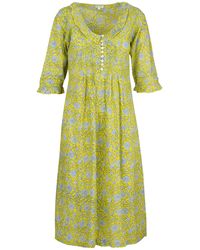 At Last - Cotton Karen 3/4 Sleeve Day Dress In Canary Yellow With White & Navy Flower - Lyst