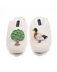 Laines London - Neutrals Teddy Closed Toe Slippers With Duck & Oak Tree Brooches - Lyst