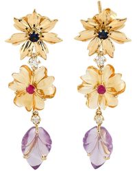 Artisan - 18k Gold In Carved Mix Stone & Ruby With Blue Sapphire Pave Diamond Unique Floral Dangle Earrings - Lyst