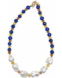 Farra - Artistic Lapis And Colorful Gemstone With Baroque Pearls Statement Necklace - Lyst