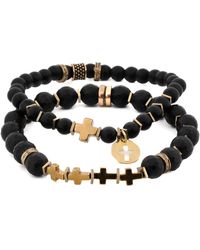 Ebru Jewelry - Matte Black Onyx Stone Gold Cross Charm Wise Belief Bracelet Set - Lyst