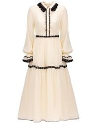 Georgette - Neutrals Cream Lace Trim Midi Dress - Lyst