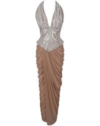 Miss Circle New York - Neutrals Nancie Apricot Beaded Halter Peplum Ruched Maxi Dress - Lyst
