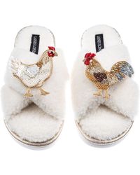 Laines London - Neutrals Laines Neutral Boucle Slippers With Chicken & Rooster Brooches - Lyst