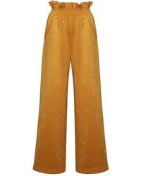 Julia Allert - Suede Wide-Leg Pants With Ruffled Waist Mustard - Lyst