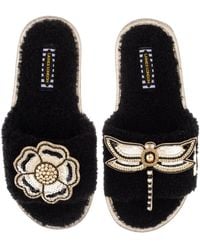 Laines London - Teddy Towelling Slipper Sliders With Dragonfly & Flower Brooches - Lyst