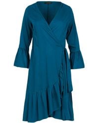 Conquista - Petrol Wrap Dress Viscose With Bell Sleeves - Lyst