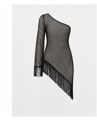 Women & Women - Metallic One-Shoulder Mesh Cover-Up Dress With Fringe - Lyst
