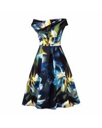 Girl In Mind - Betty Asymmetric Neckline Large Floral Skater Midi Dress Sapphire - Lyst