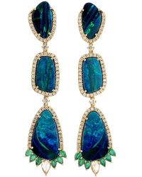 Artisan - Opal Doublet & Pear Shape Emerald With Pave Diamond In 18k Gold Long Dangle Earrings - Lyst