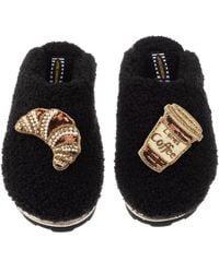 Laines London - Teddy Towelling Closed Toe Slippers With Coffee & Croissant Brooches - Lyst