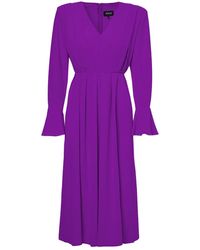 BLUZAT - Purple Midi Dress With Pleats And Proeminent Shoulders - Lyst
