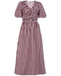 Rose & Nancy - Isla Burgundy And Stripe Short Sleeve Linen Blend Dress - Lyst