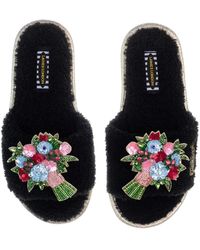Laines London - Teddy Toweling Slipper Sliders With Double Flower Bouquet Brooches - Lyst