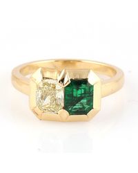 Artisan - 18k Yellow Gold In Bezel Set Emerald & Diamond Designer Cocktail Ring - Lyst