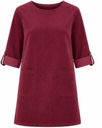Yumi' - Burgundy Cord Tunic Dress With 3/4 Sleeves And Pockets - Lyst