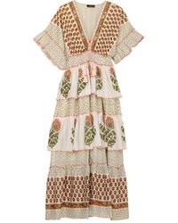 Tantra Spain Sl - Printed Maxi V Neck Dress With Floral Flounces And Embellishments - Lyst