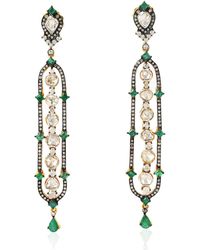 Artisan - A Pair Of 18k Solid Gold & Silver In Uncut Diamond With Emerald Dangle Earrings - Lyst
