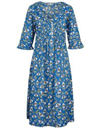 At Last - Cotton Karen 3/4 Sleeve Day Dress In Royal Busy Bee - Lyst