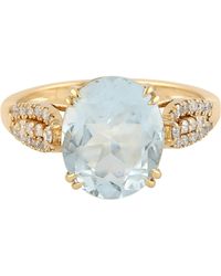 Artisan - 18k Yellow Gold Pave Diamond Aquamarine Cocktail Ring Handmade Jewelry - Lyst