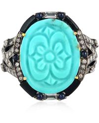 Artisan - Carved Turquoise & Blue Sapphire With Onyx And Diamond In 18k Gold & 925 Silver Cocktail Ring - Lyst