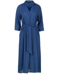 Conquista - Linen Style Midi Dress With Belt - Lyst